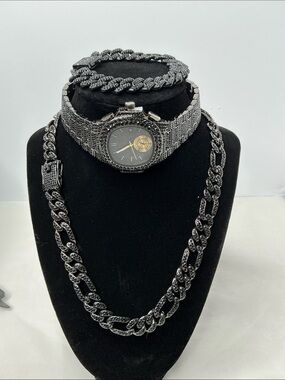 Men's SS Watch w/ Black Monaco Link Chain Necklace 20”- VVS CZ